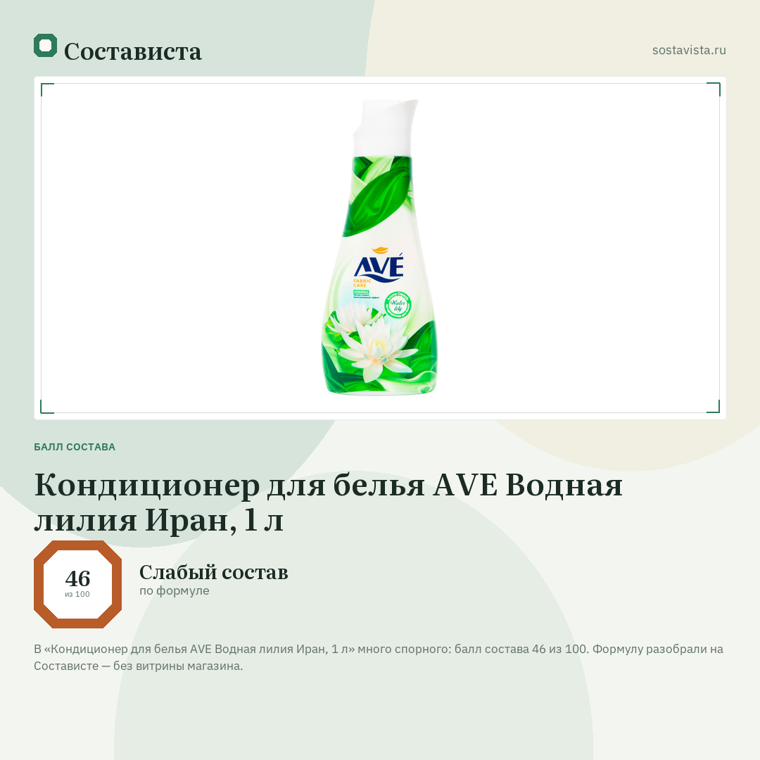 Кондиционер для белья AVE Водная лилия Иран, 1 л: балл состава 46 из 100 — Состависта