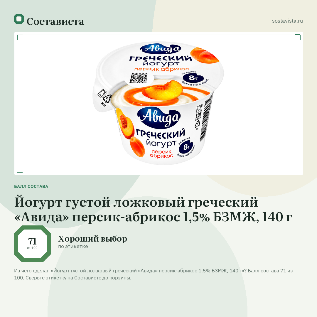 Йогурт густой ложковый греческий «Авида» персик-абрикос 1,5% БЗМЖ, 140 г: балл состава 71 из 100 — Состависта