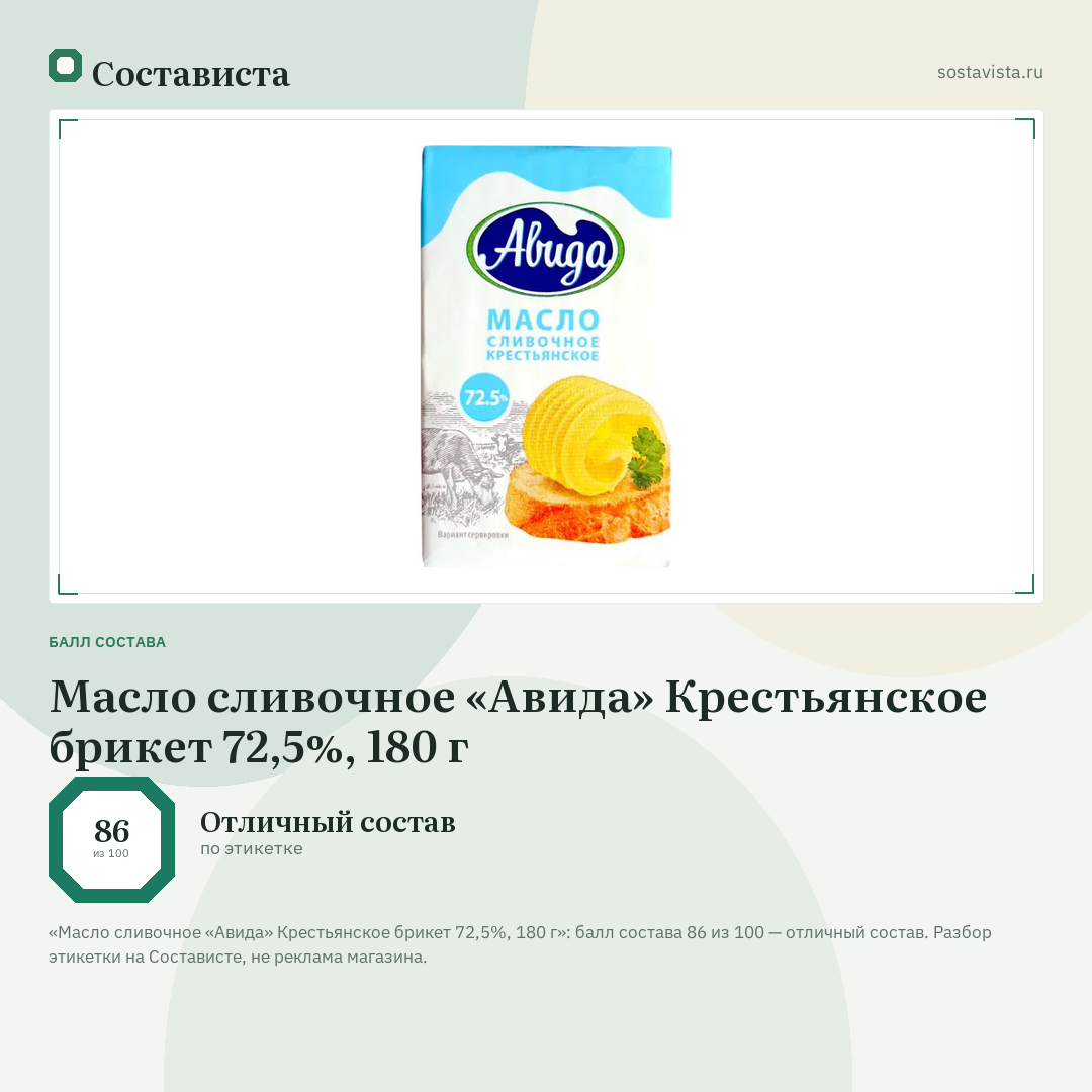 Масло сливочное «Авида» Крестьянское брикет 72,5%, 180 г: балл состава 86 из 100 — Состависта