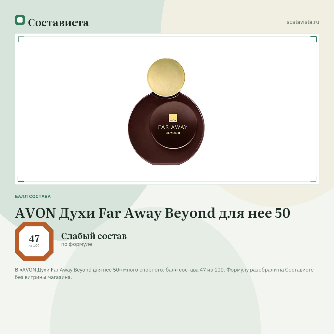 AVON Духи Far Away Beyond для нее 50: балл состава 47 из 100 — Состависта