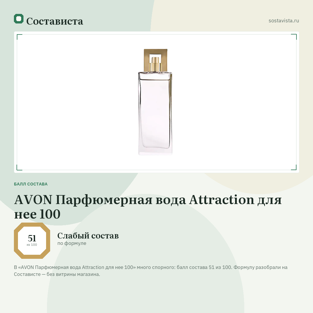 AVON Парфюмерная вода Attraction для нее 100: балл состава 51 из 100 — Состависта