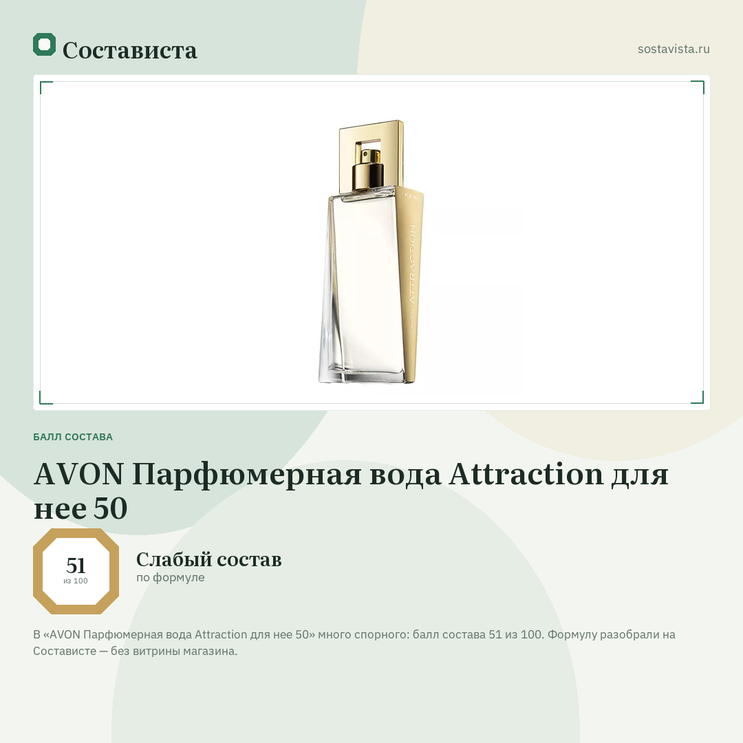AVON Парфюмерная вода Attraction для нее 50: балл состава 51 из 100 — Состависта