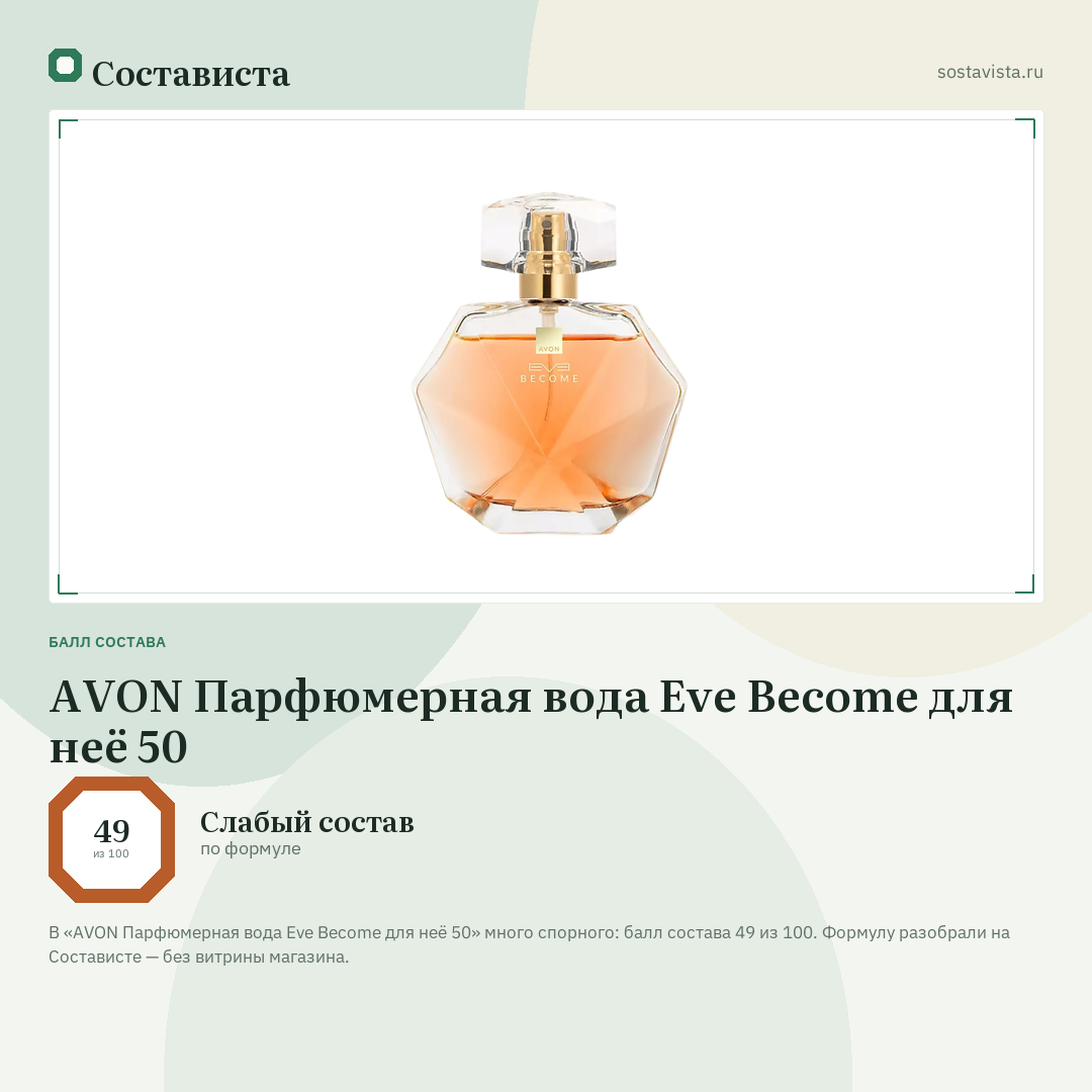 AVON Парфюмерная вода Eve Become для неё 50: балл состава 49 из 100 — Состависта