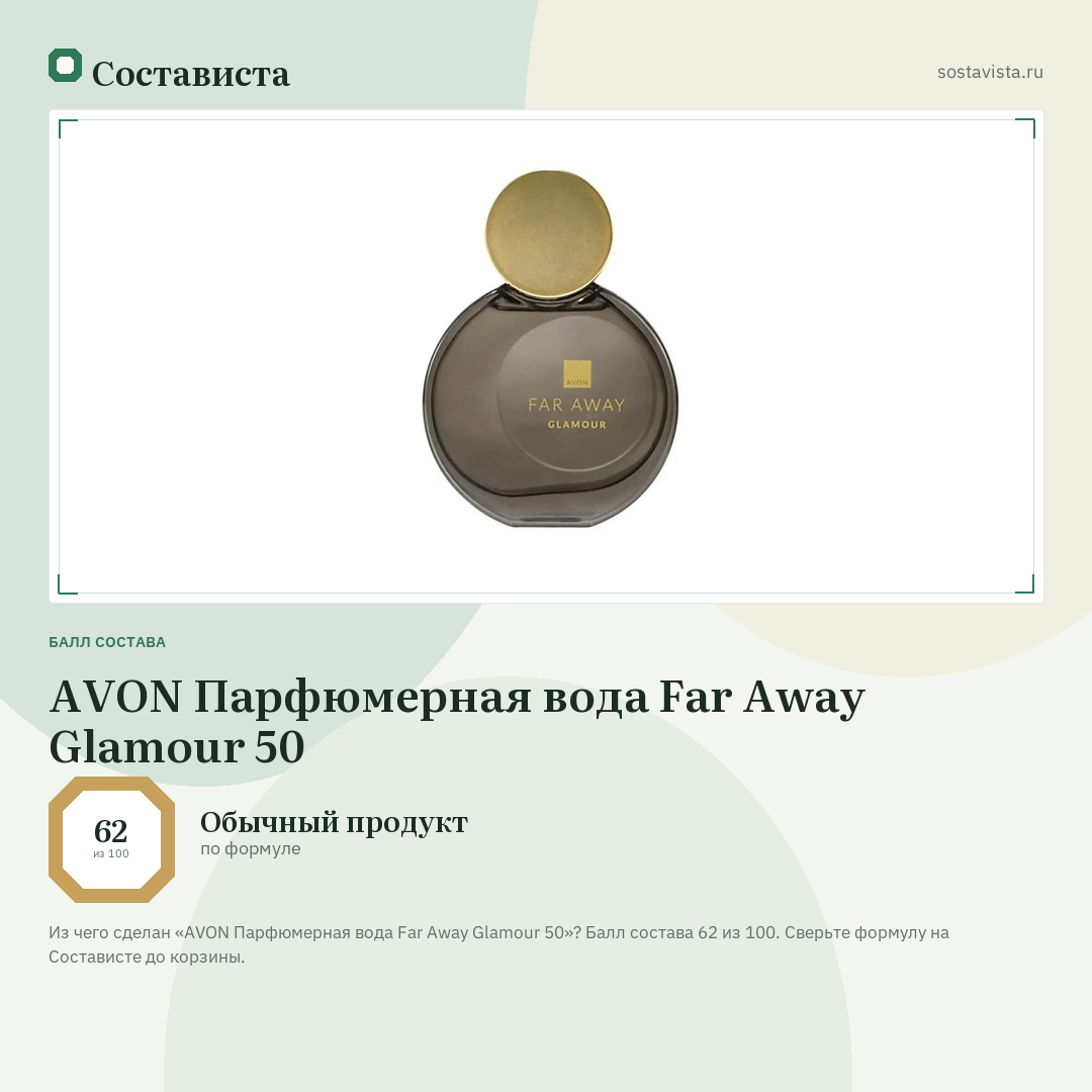 AVON Парфюмерная вода Far Away Glamour 50: балл состава 62 из 100 — Состависта