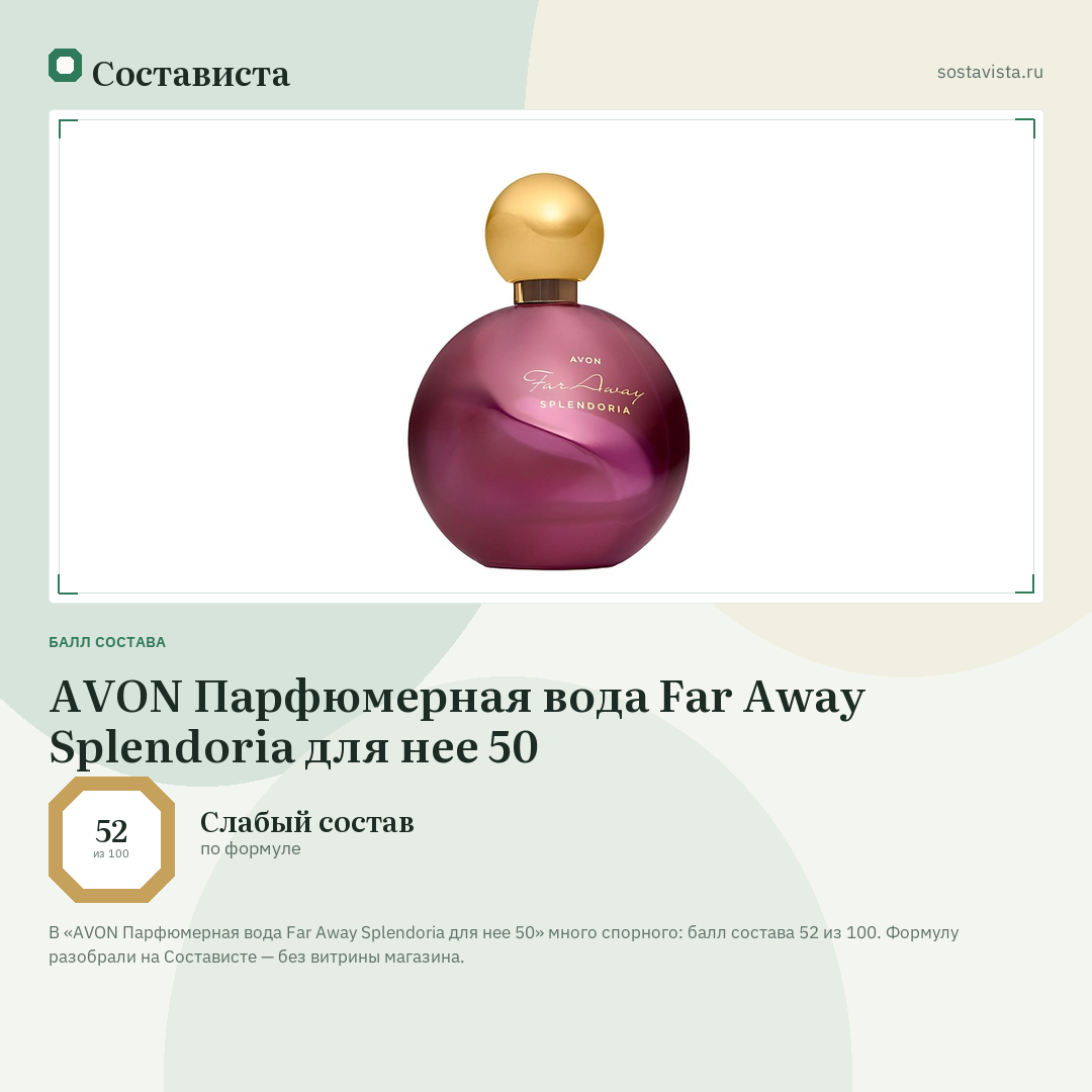 AVON Парфюмерная вода Far Away Splendoria для нее 50: балл состава 52 из 100 — Состависта