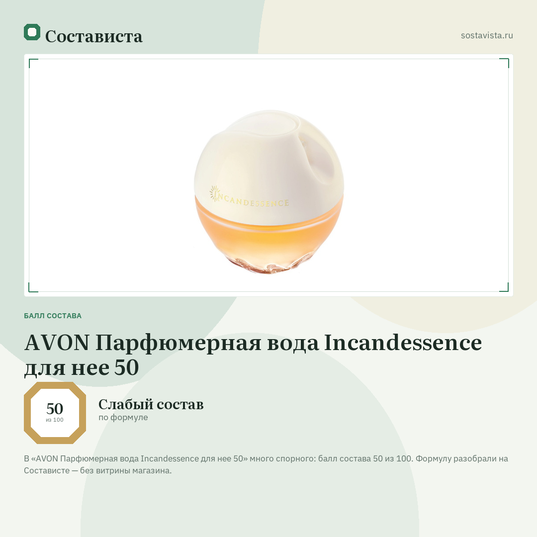 AVON Парфюмерная вода Incandessence для нее 50: балл состава 50 из 100 — Состависта