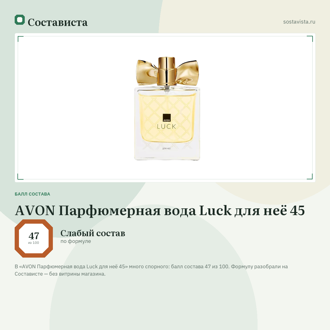 AVON Парфюмерная вода Luck для неё 45: балл состава 47 из 100 — Состависта