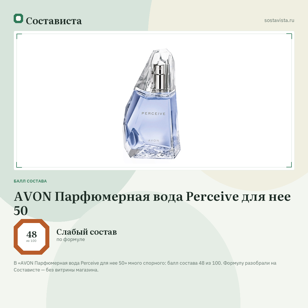 AVON Парфюмерная вода Perceive для нее 50: балл состава 48 из 100 — Состависта