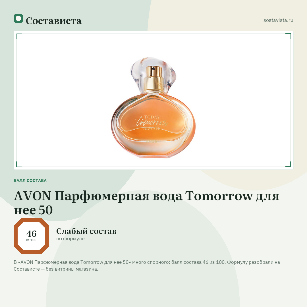 AVON Парфюмерная вода Tomorrow для нее 50: балл состава 46 из 100 — Состависта