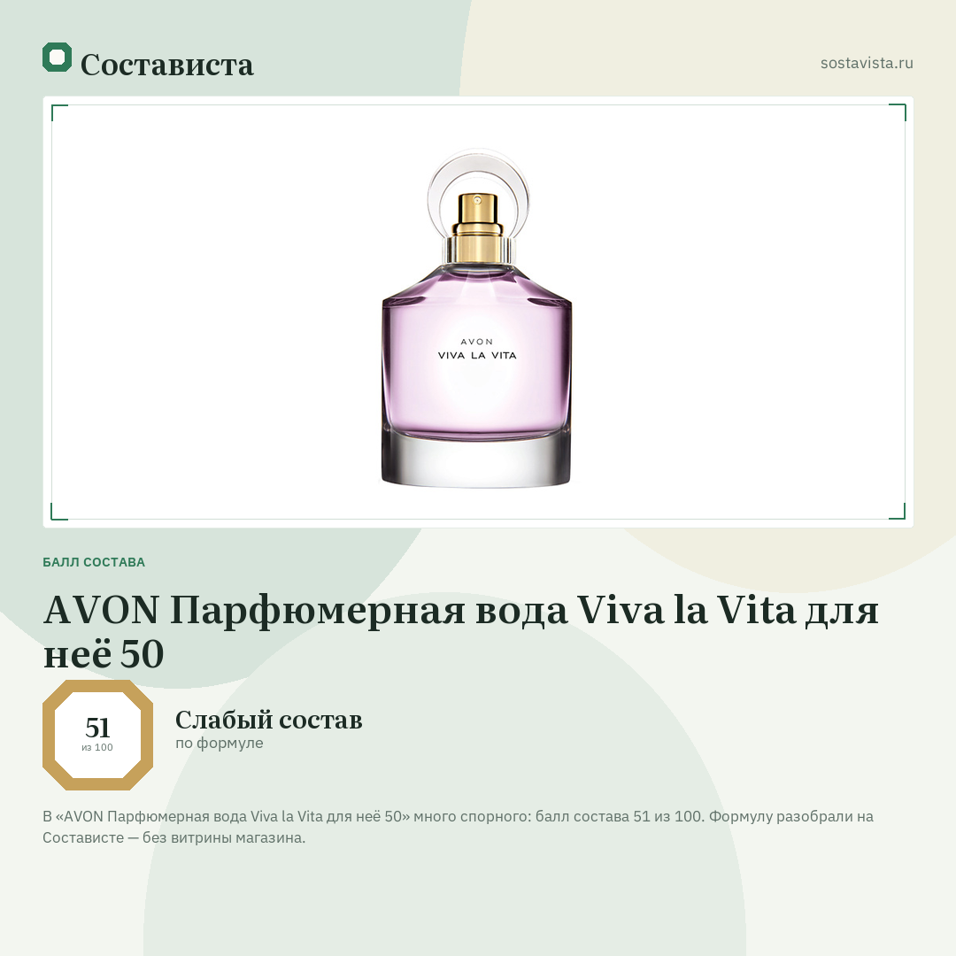 AVON Парфюмерная вода Viva la Vita для неё 50: балл состава 51 из 100 — Состависта
