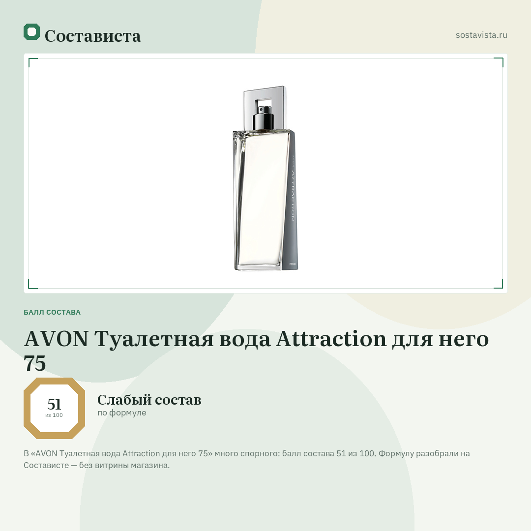 AVON Туалетная вода Attraction для него 75: балл состава 51 из 100 — Состависта