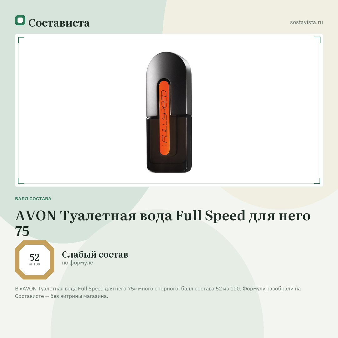 AVON Туалетная вода Full Speed для него 75: балл состава 52 из 100 — Состависта