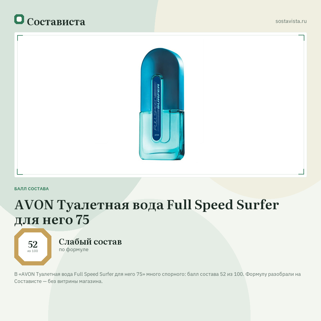 AVON Туалетная вода Full Speed Surfer для него 75: балл состава 52 из 100 — Состависта