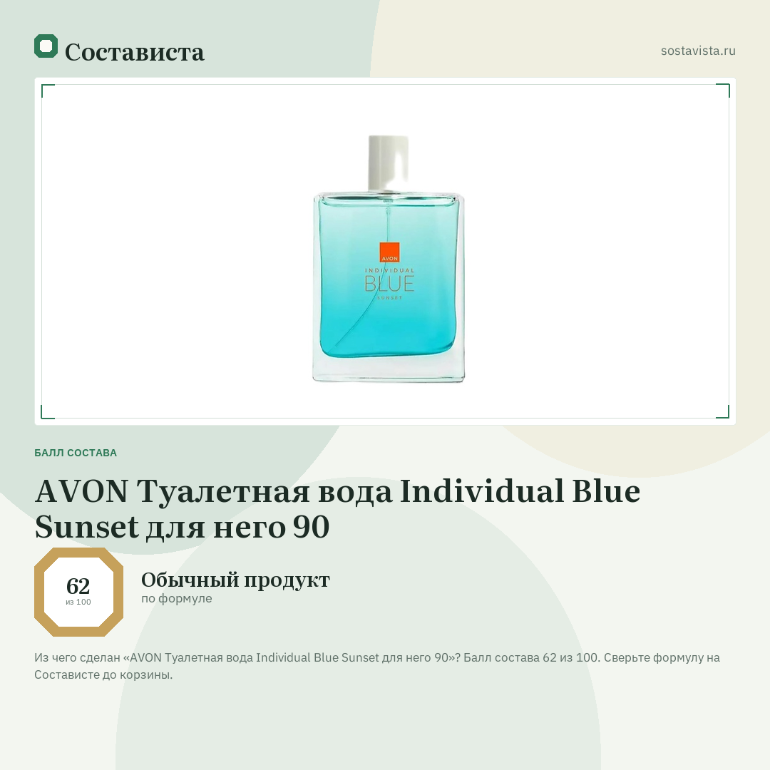AVON Туалетная вода Individual Blue Sunset для него 90: балл состава 62 из 100 — Состависта