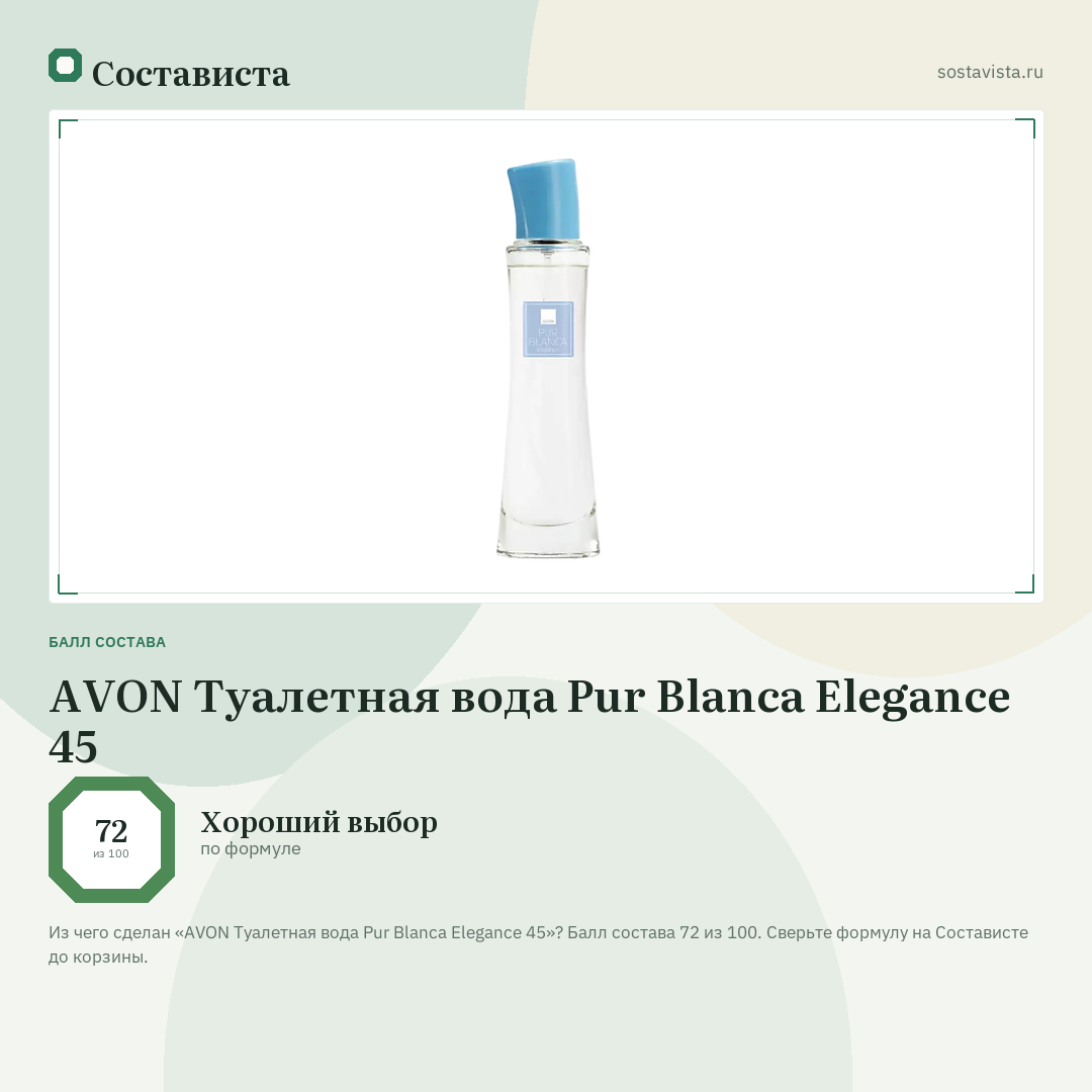 AVON Туалетная вода Pur Blanca Elegance 45: балл состава 72 из 100 — Состависта