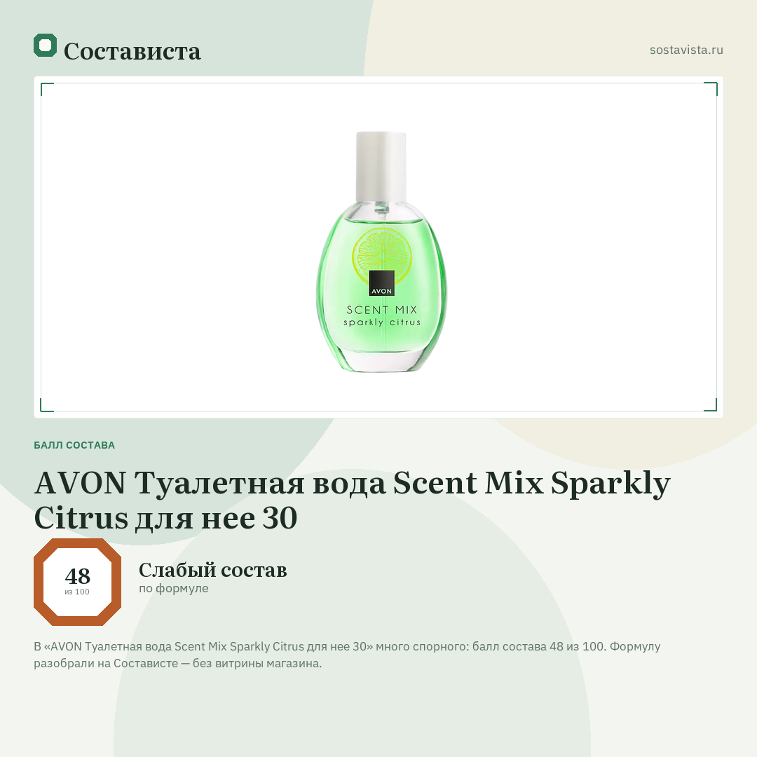 AVON Туалетная вода Scent Mix Sparkly Citrus для нее 30: балл состава 48 из 100 — Состависта