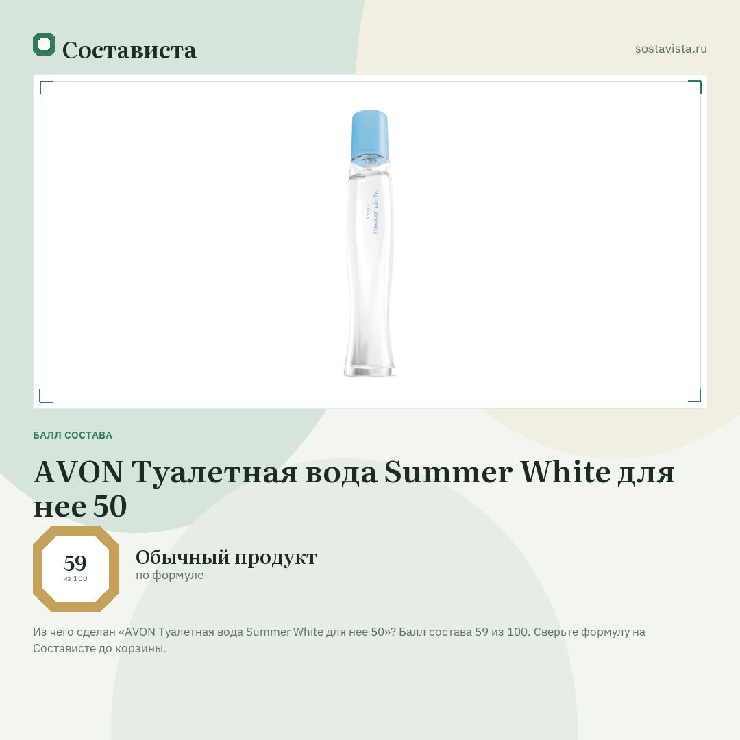 AVON Туалетная вода Summer White для нее 50: балл состава 59 из 100 — Состависта