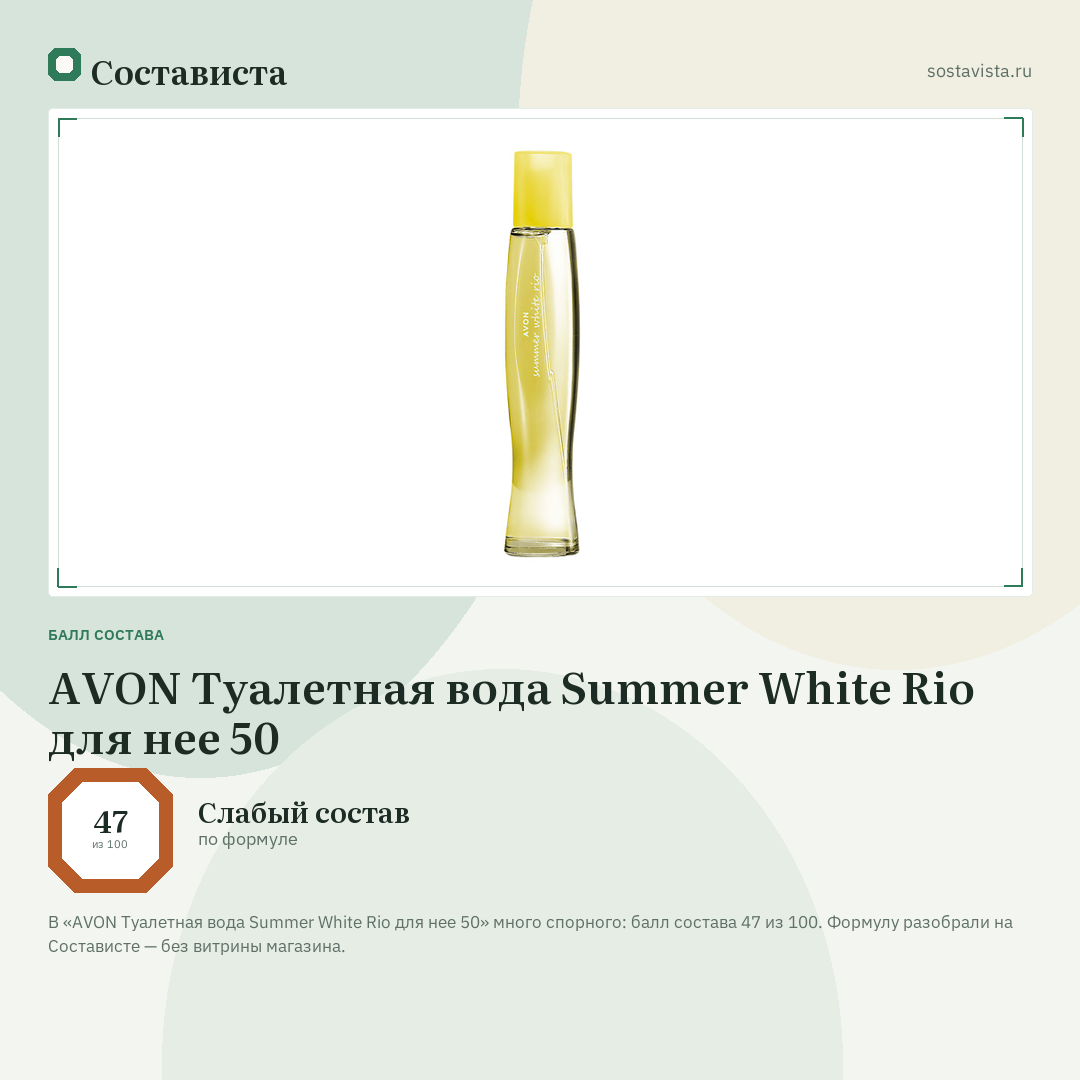 AVON Туалетная вода Summer White Rio для нее 50: балл состава 47 из 100 — Состависта