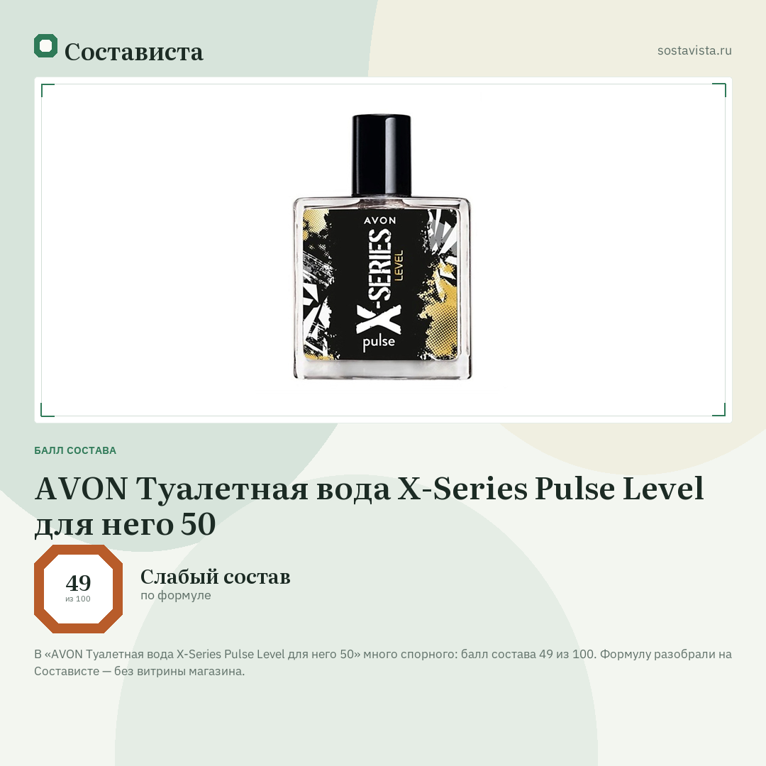 AVON Туалетная вода X-Series Pulse Level для него 50: балл состава 49 из 100 — Состависта