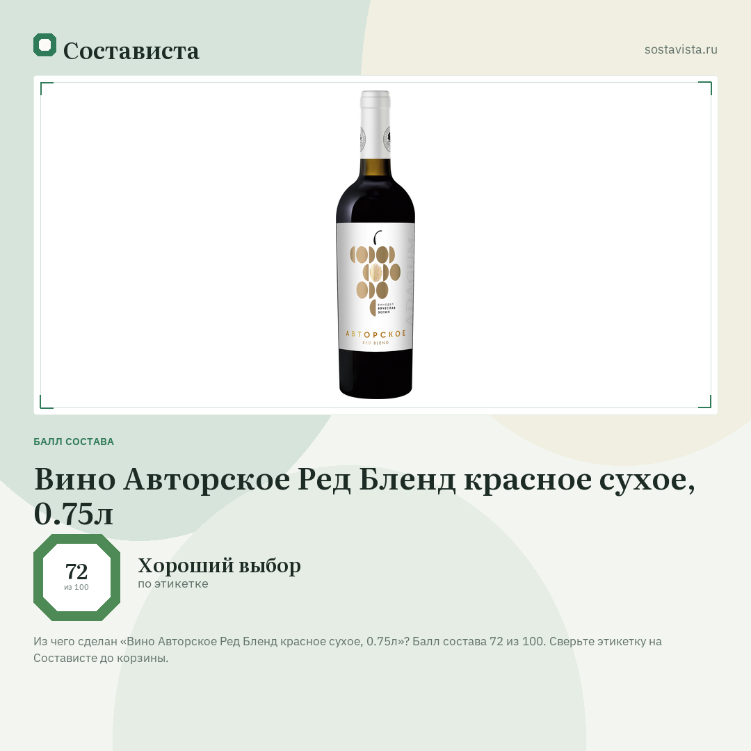 Вино Авторское Ред Бленд красное сухое, 0.75л: балл состава 72 из 100 — Состависта