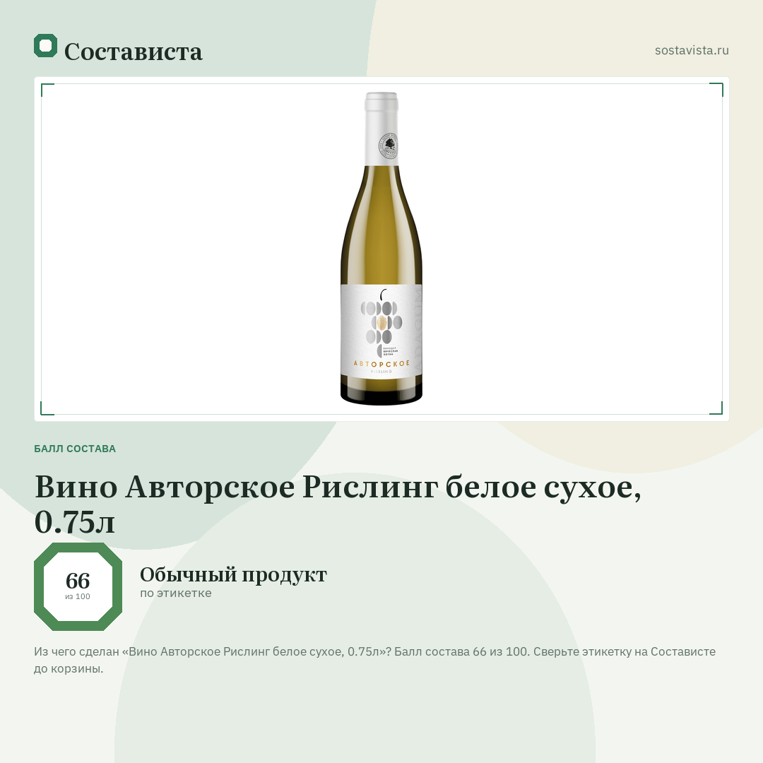 Вино Авторское Рислинг белое сухое, 0.75л: балл состава 66 из 100 — Состависта