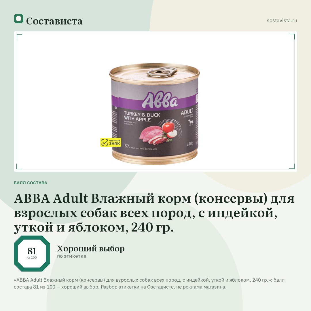 АВВА Adult Влажный корм (консервы) для взрослых собак всех пород, с индейкой, уткой и яблоком, 240 гр.: балл состава 81 из 100 — Состависта
