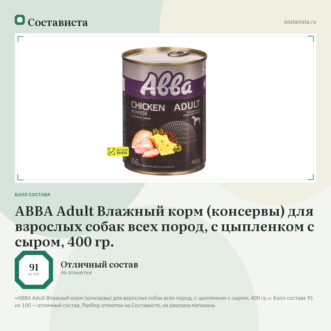 АВВА Adult Влажный корм (консервы) для взрослых собак всех пород, с цыпленком с сыром, 400 гр.: балл состава 91 из 100 — Состависта