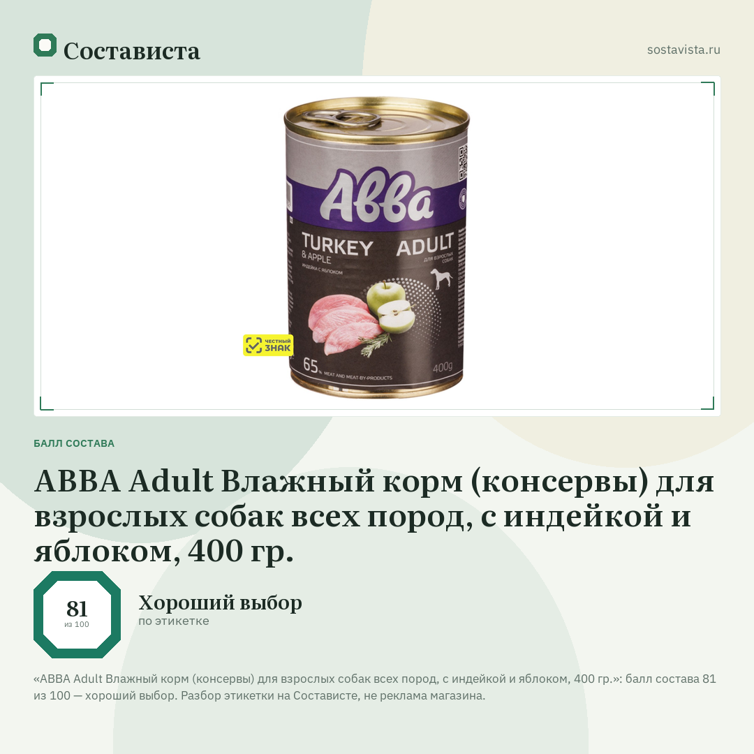 АВВА Adult Влажный корм (консервы) для взрослых собак всех пород, с индейкой и яблоком, 400 гр.: балл состава 81 из 100 — Состависта