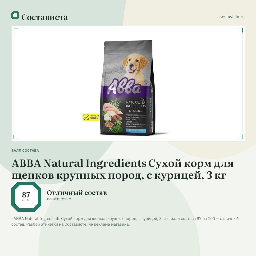АВВА Natural Ingredients Сухой корм для щенков крупных пород, с курицей, 3 кг: балл состава 87 из 100 — Состависта