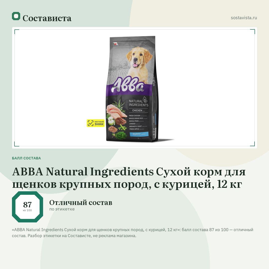 АВВА Natural Ingredients Сухой корм для щенков крупных пород, с курицей, 12 кг: балл состава 87 из 100 — Состависта
