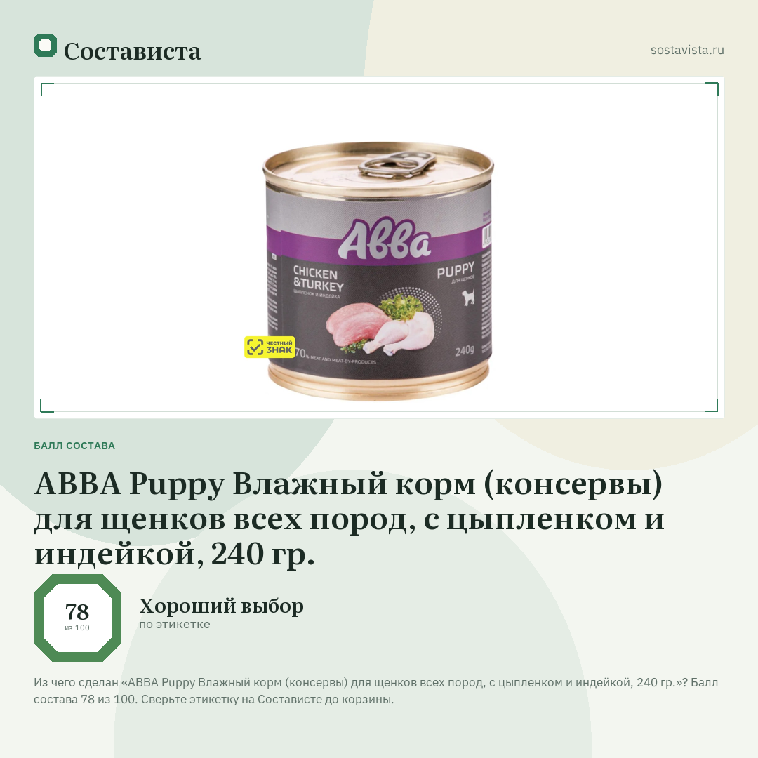 АВВА Puppy Влажный корм (консервы) для щенков всех пород, с цыпленком и индейкой, 240 гр.: балл состава 78 из 100 — Состависта