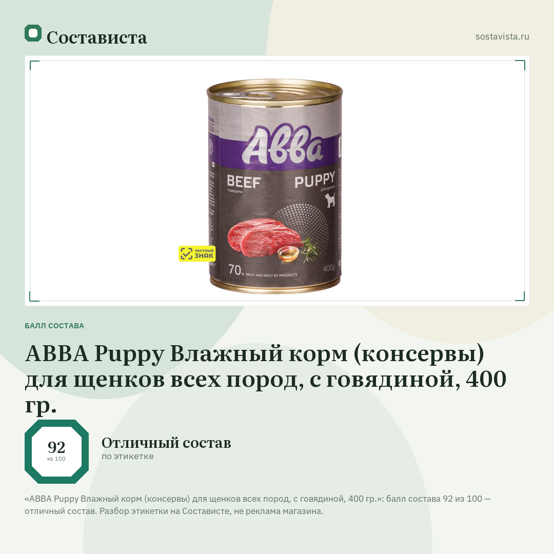 АВВА Puppy Влажный корм (консервы) для щенков всех пород, с говядиной, 400 гр.: балл состава 92 из 100 — Состависта