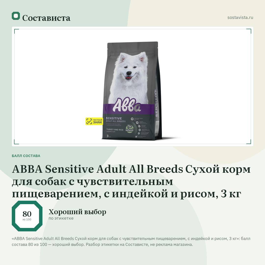 АВВА Sensitive Adult All Breeds Сухой корм для собак с чувствительным пищеварением, c индейкой и рисом, 3 кг: балл состава 80 из 100 — Состависта