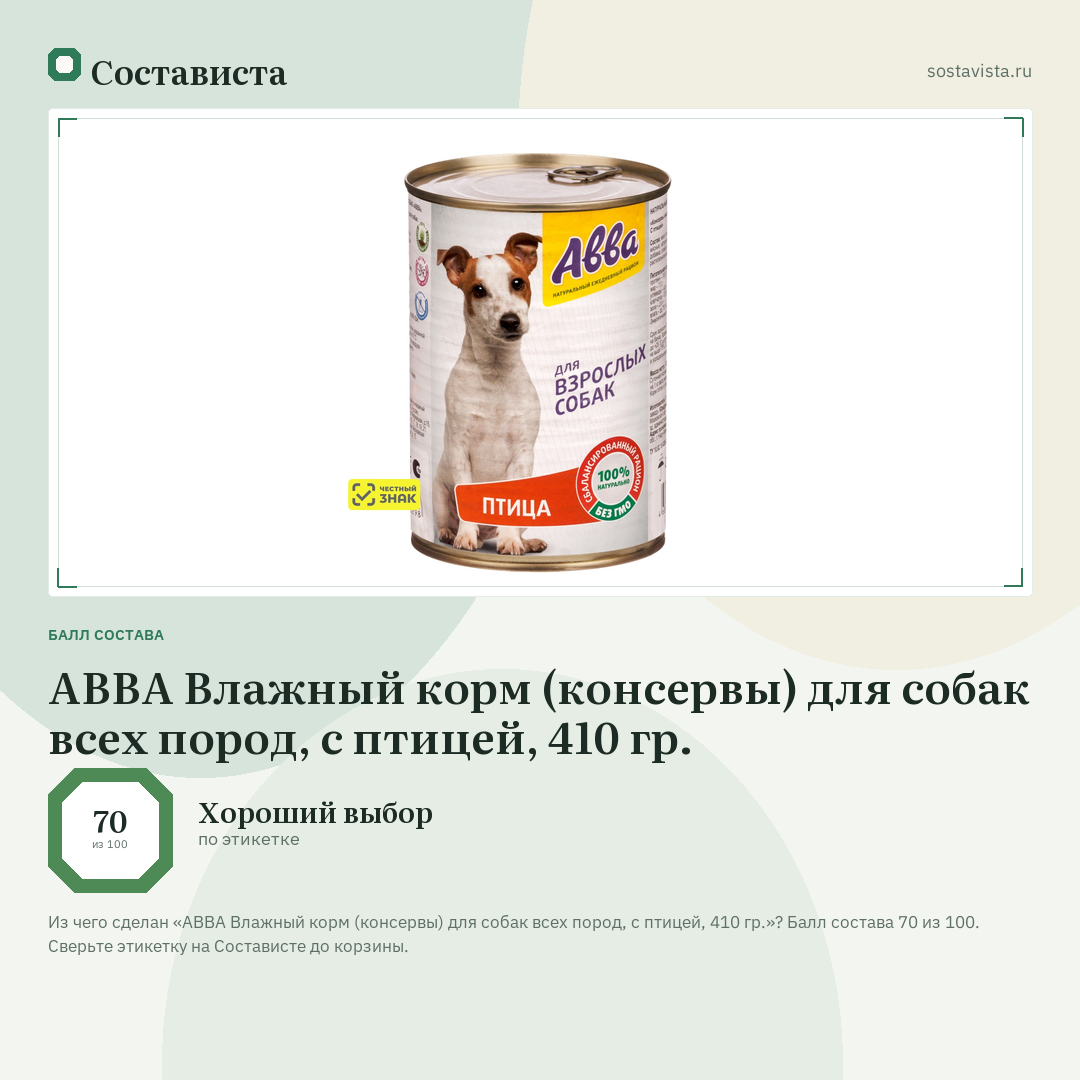 АВВА Влажный корм (консервы) для собак всех пород, с птицей, 410 гр.: балл состава 70 из 100 — Состависта