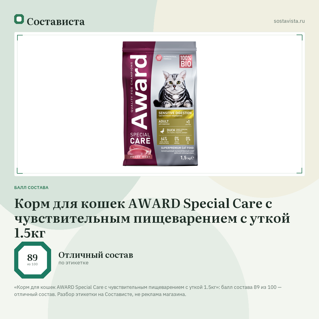 Корм для кошек AWARD Special Care с чувствительным пищеварением с уткой 1.5кг: балл состава 89 из 100 — Состависта