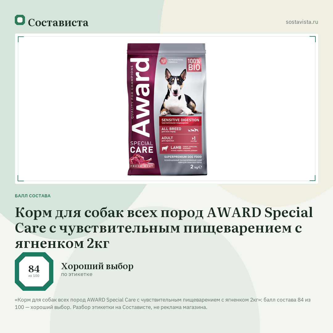 Корм для собак всех пород AWARD Special Care с чувствительным пищеварением с ягненком 2кг: балл состава 84 из 100 — Состависта