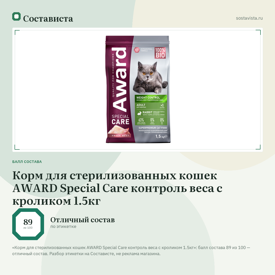 Корм для стерилизованных кошек AWARD Special Care контроль веса с кроликом 1.5кг: балл состава 89 из 100 — Состависта