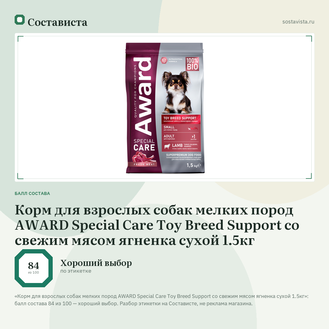 Корм для взрослых собак мелких пород AWARD Special Care Toy Breed Support со свежим мясом ягненка сухой 1.5кг: балл состава 84 из 100 — Состависта
