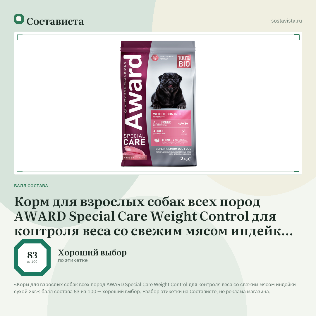 Корм для взрослых собак всех пород AWARD Special Care Weight Control для контроля веса со свежим мясом индейки сухой 2кг: балл состава 83 из 100 — Состависта
