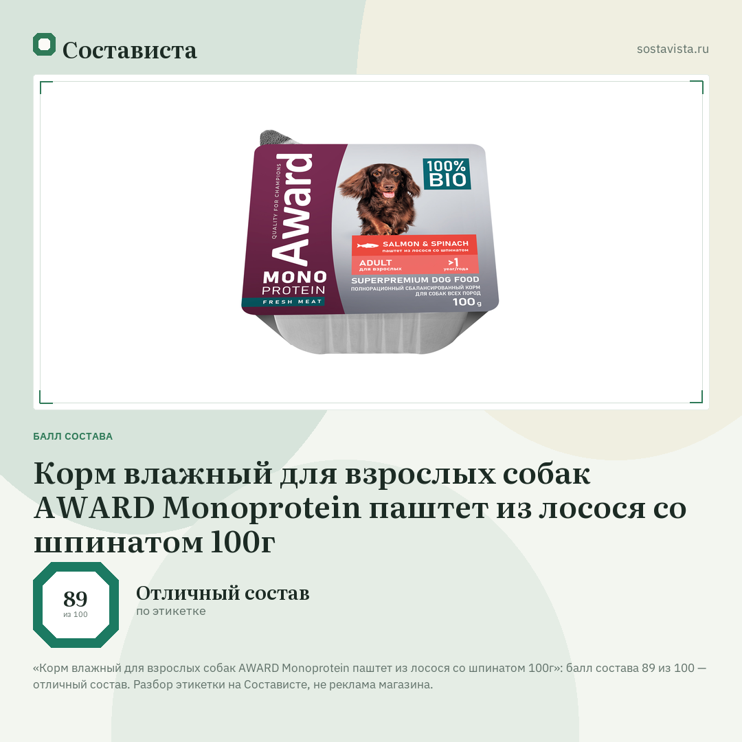 Корм влажный для взрослых собак AWARD Monoprotein паштет из лосося со шпинатом 100г: балл состава 89 из 100 — Состависта