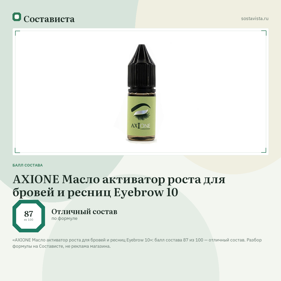 AXIONE Масло активатор роста для бровей и ресниц Eyebrow 10: балл состава 87 из 100 — Состависта