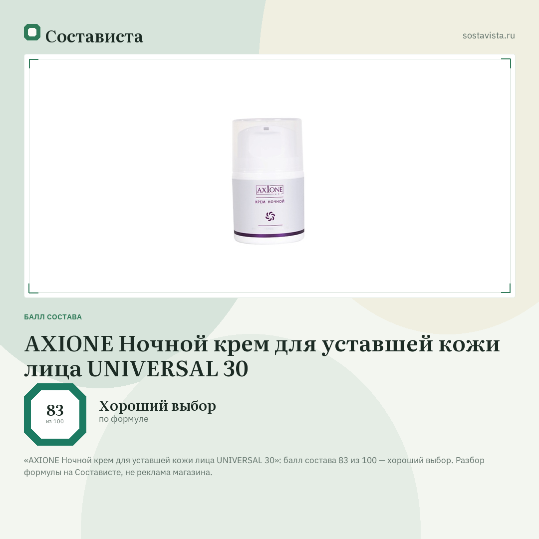 AXIONE Ночной крем для уставшей кожи лица UNIVERSAL 30: балл состава 83 из 100 — Состависта