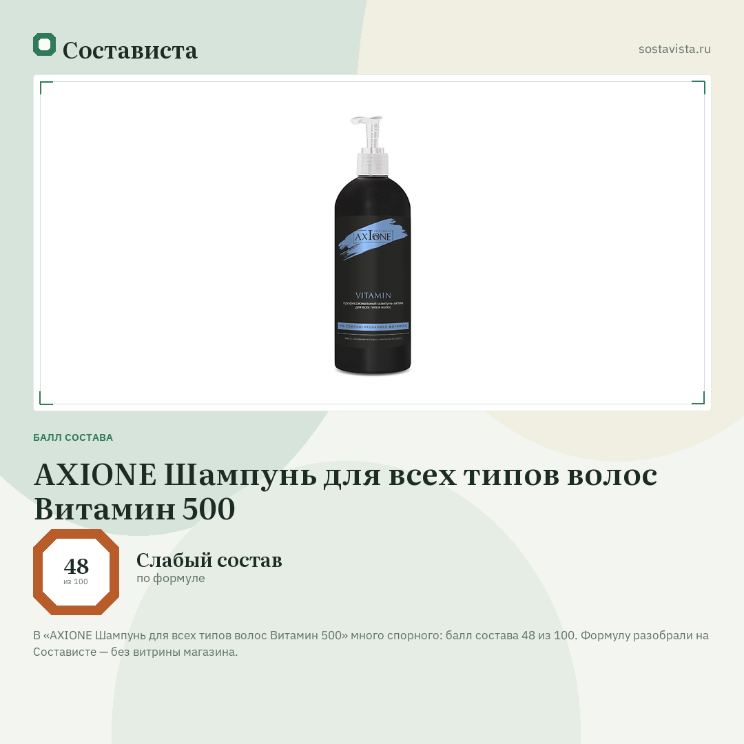 AXIONE Шампунь для всех типов волос Витамин 500: балл состава 48 из 100 — Состависта