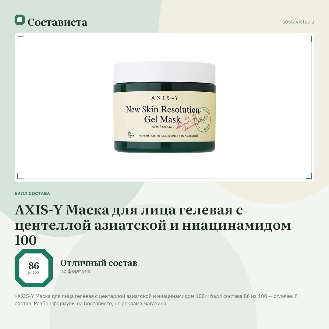 AXIS-Y Маска для лица гелевая с центеллой азиатской и ниацинамидом 100: балл состава 86 из 100 — Состависта