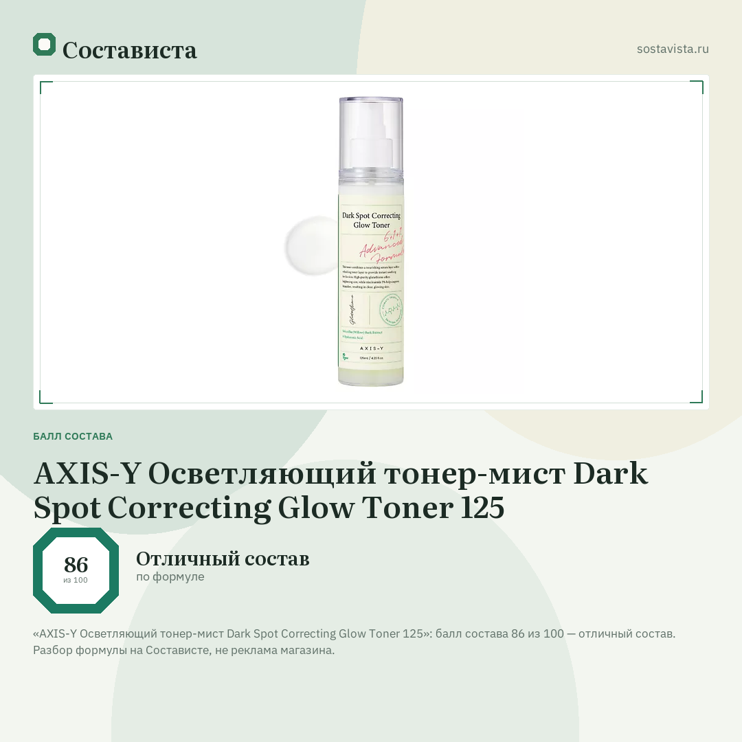 AXIS-Y Осветляющий тонер-мист Dark Spot Correcting Glow Toner 125: балл состава 86 из 100 — Состависта