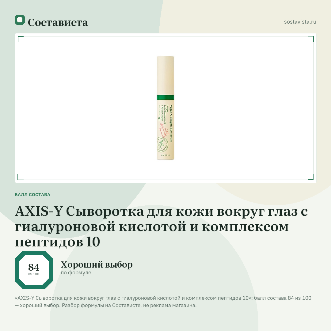 AXIS-Y Сыворотка для кожи вокруг глаз с гиалуроновой кислотой и комплексом пептидов 10: балл состава 84 из 100 — Состависта