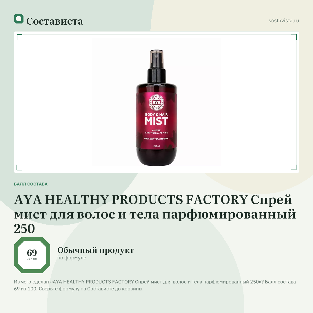 AYA HEALTHY PRODUCTS FACTORY Спрей мист для волос и тела парфюмированный 250: балл состава 69 из 100 — Состависта