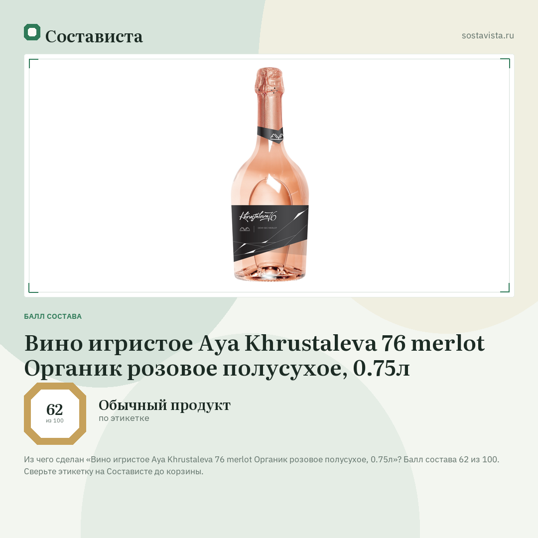 Вино игристое Aya Khrustaleva 76 merlot Органик розовое полусухое, 0.75л: балл состава 62 из 100 — Состависта
