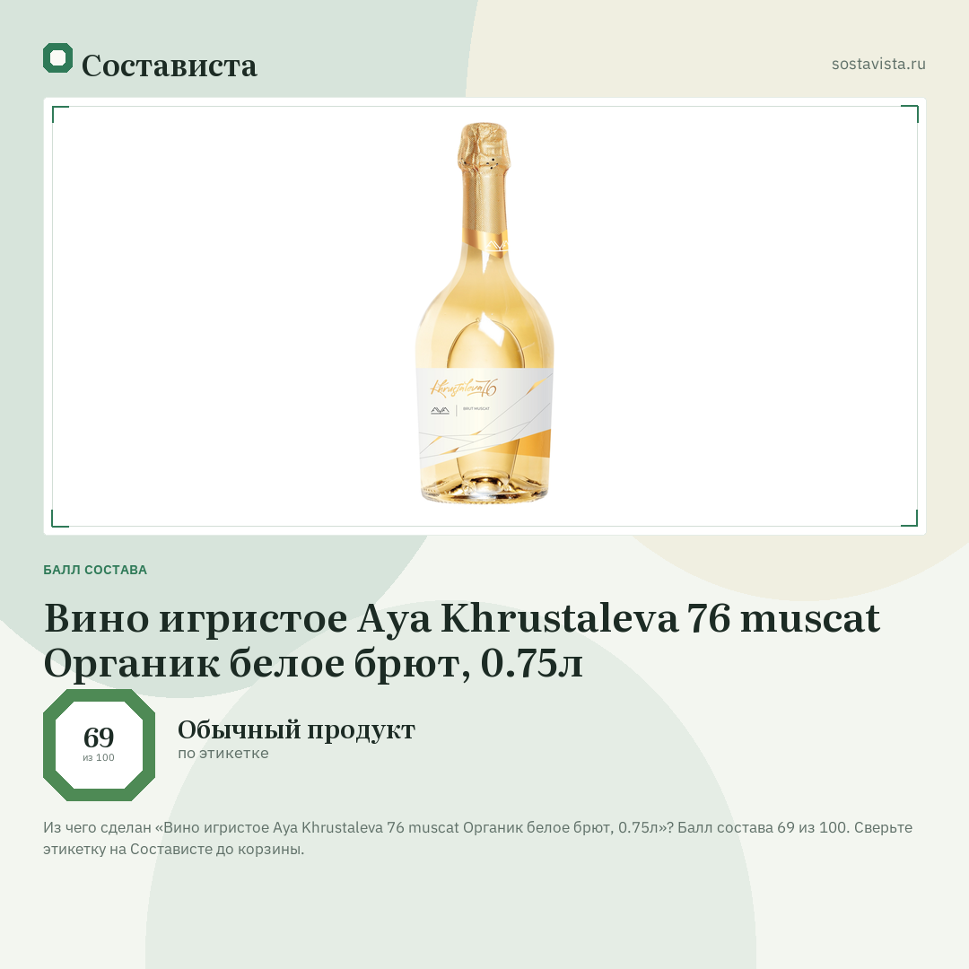 Вино игристое Aya Khrustaleva 76 muscat Органик белое брют, 0.75л: балл состава 69 из 100 — Состависта