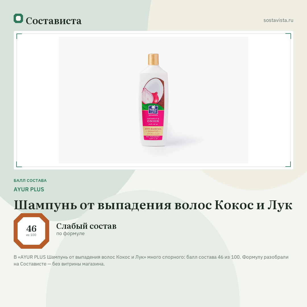 AYUR PLUS Шампунь от выпадения волос Кокос и Лук: балл состава 46 из 100 — Состависта